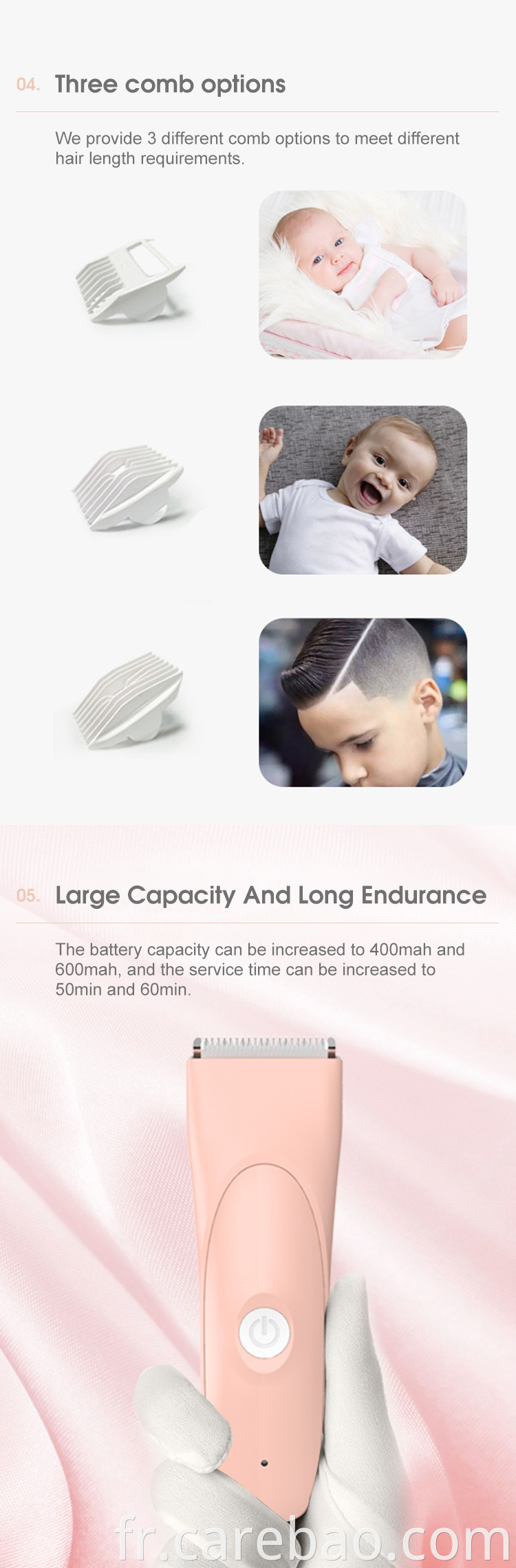 Design moderne étanche à la coupe électrique de la coupe pour bébé Clipper pour les enfants avec une lame en céramique détachable de sécurité dans un bruit bas